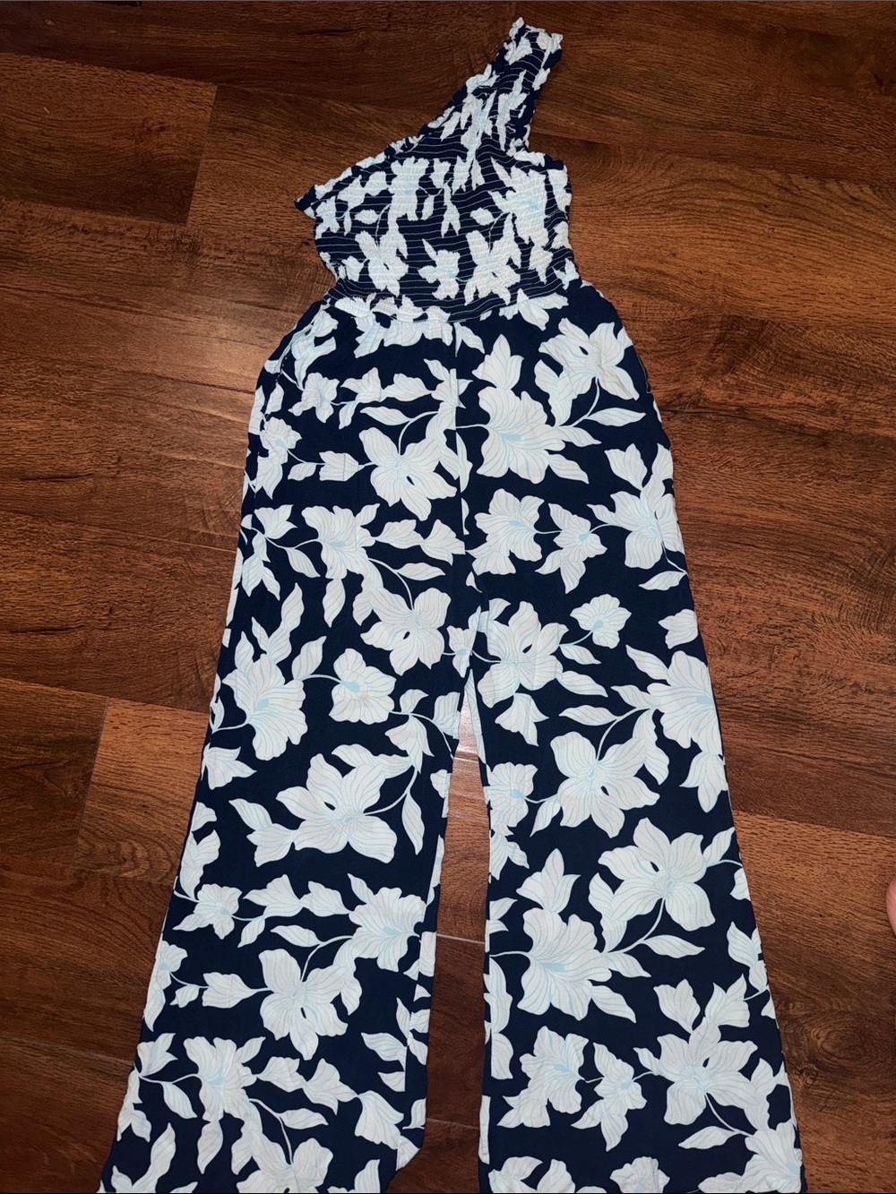 One-Shoulder Navy & White Floral Jumpsuit